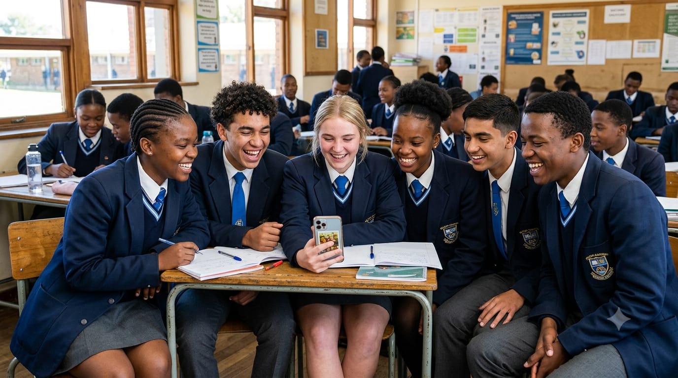 South African high school students in navy blazers
