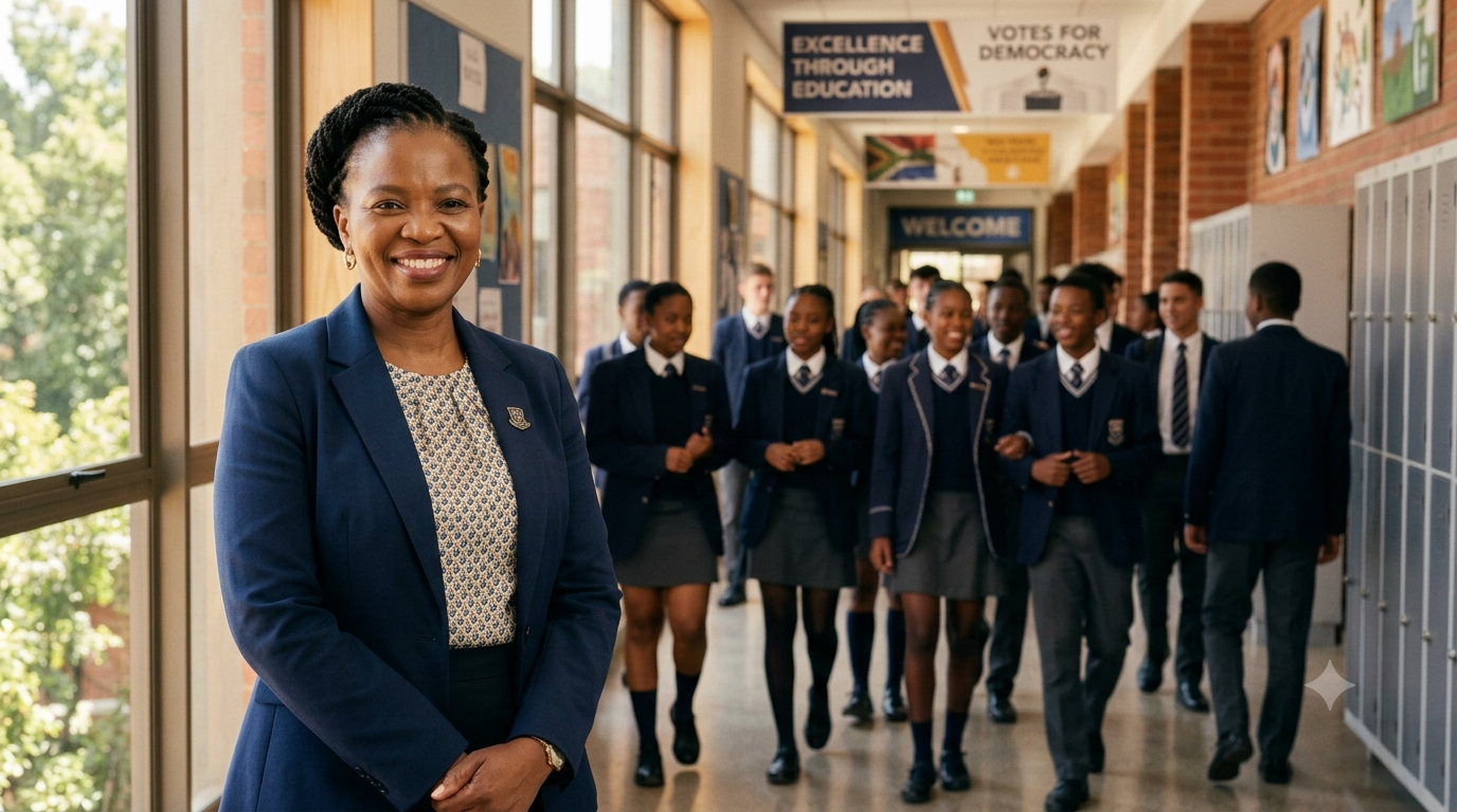 South African school principal with students